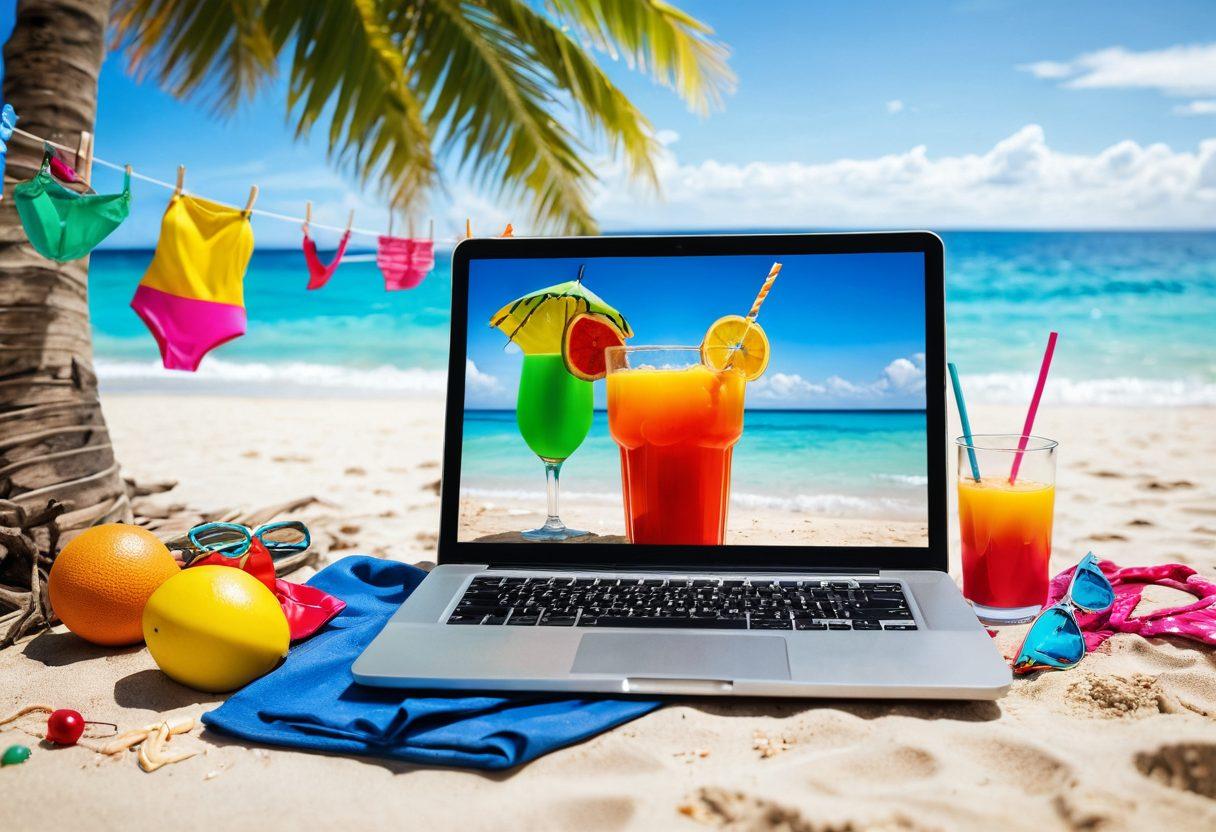 A vibrant scene of a sunny beach with colorful swimwear displayed on a clothesline, each piece elegantly showcasing different styles. In the foreground, a laptop and a tropical drink symbolize email marketing and passive income, surrounded by playful splashes of water. The background features happy people enjoying the beach, radiating joy and relaxation. Bold, playful typography overlays the image, emphasizing the blog title. super-realistic. vibrant colors. beach setting.
