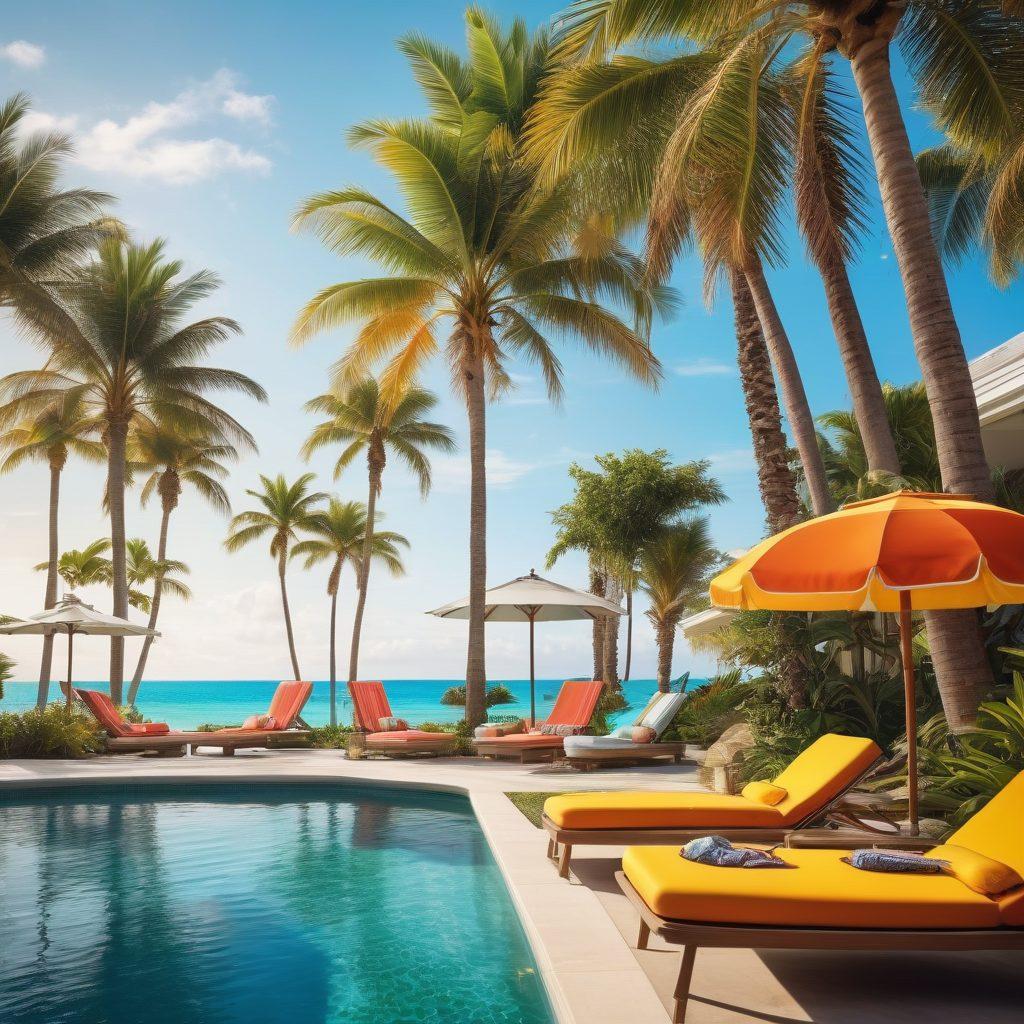 A vibrant summer scene featuring a stylish poolside setup with colorful beachwear displayed on lounge chairs. In the foreground, a visually engaging digital device shows online earnings, blending fashion with financial success. Palm trees sway under a sunny sky, creating a relaxing atmosphere. Incorporate elements of tropical vibes, like cocktails and sun hats. super-realistic. vibrant colors. bright sunny background.