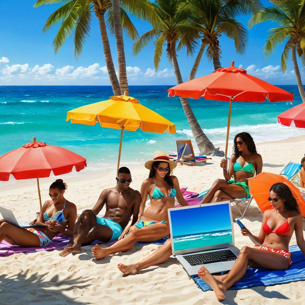 A sun-kissed beach scene showcasing a diverse group of stylish individuals in vibrant thongs and bikinis, enjoying the summer sun while working on laptops and sipping tropical drinks. Include bright beach umbrellas, playful beach balls, and a stunning ocean backdrop. The atmosphere should convey relaxation and leisure, with a hint of glamour and fun. super-realistic. vibrant colors. summer vibes.